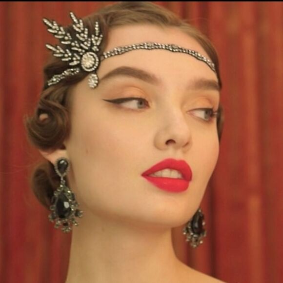 ✨ NWT Art Deco 1920’s Gatsby Flapper Crystal Rhinestone & Pearl, Black main image 6